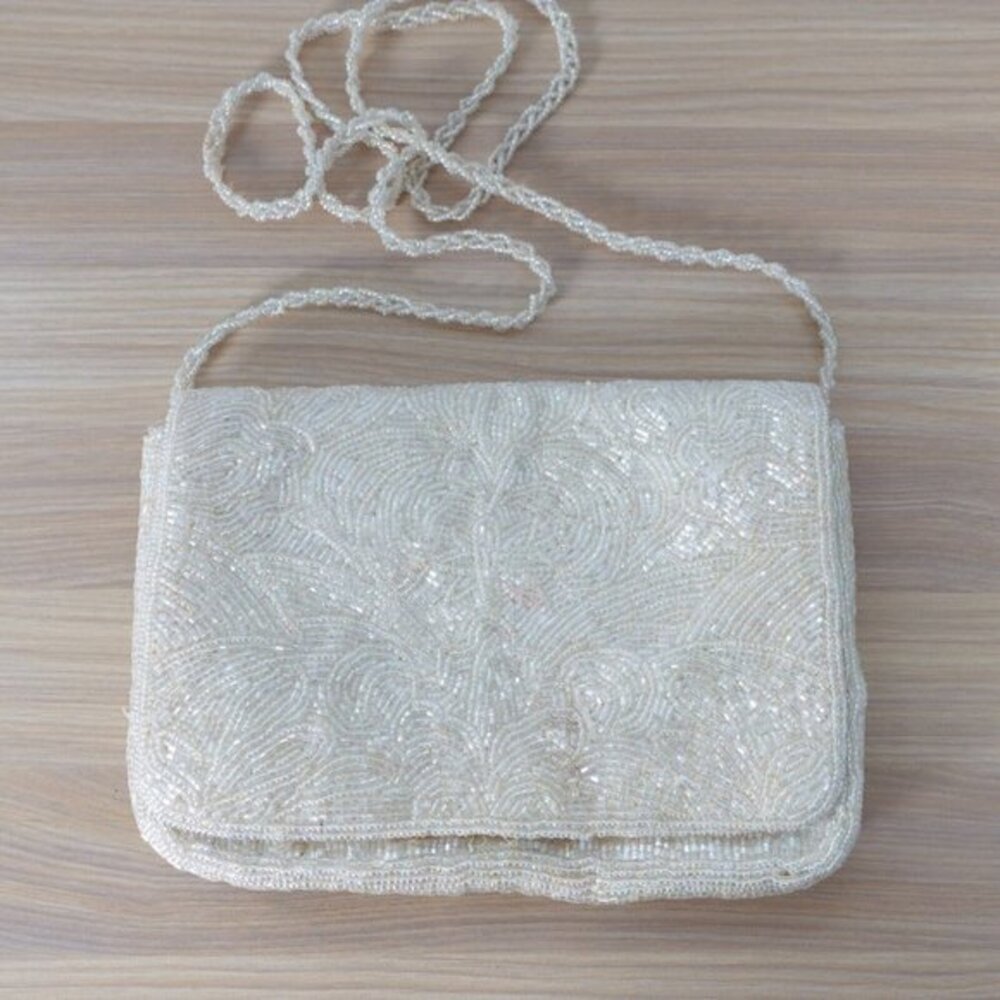 VINTAGE Y2K Mermaidcore Beaded Clutch‎ Bag Cream Evening Crossbody LE REGALE
